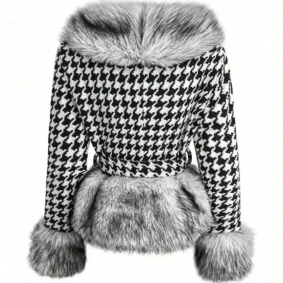 Black And White Casual Women's Faux Fur Trimmed Woolen Houndstooth Jacket - Picture 3 of 6